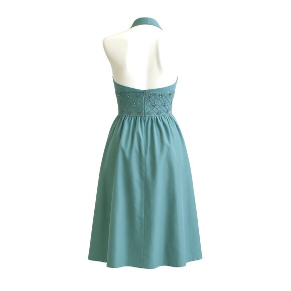 Vintage Anne Klein 100% Silk Seaglass Halter Dress | Beaded Waist | 50s Inspired - Picture 3 of 16